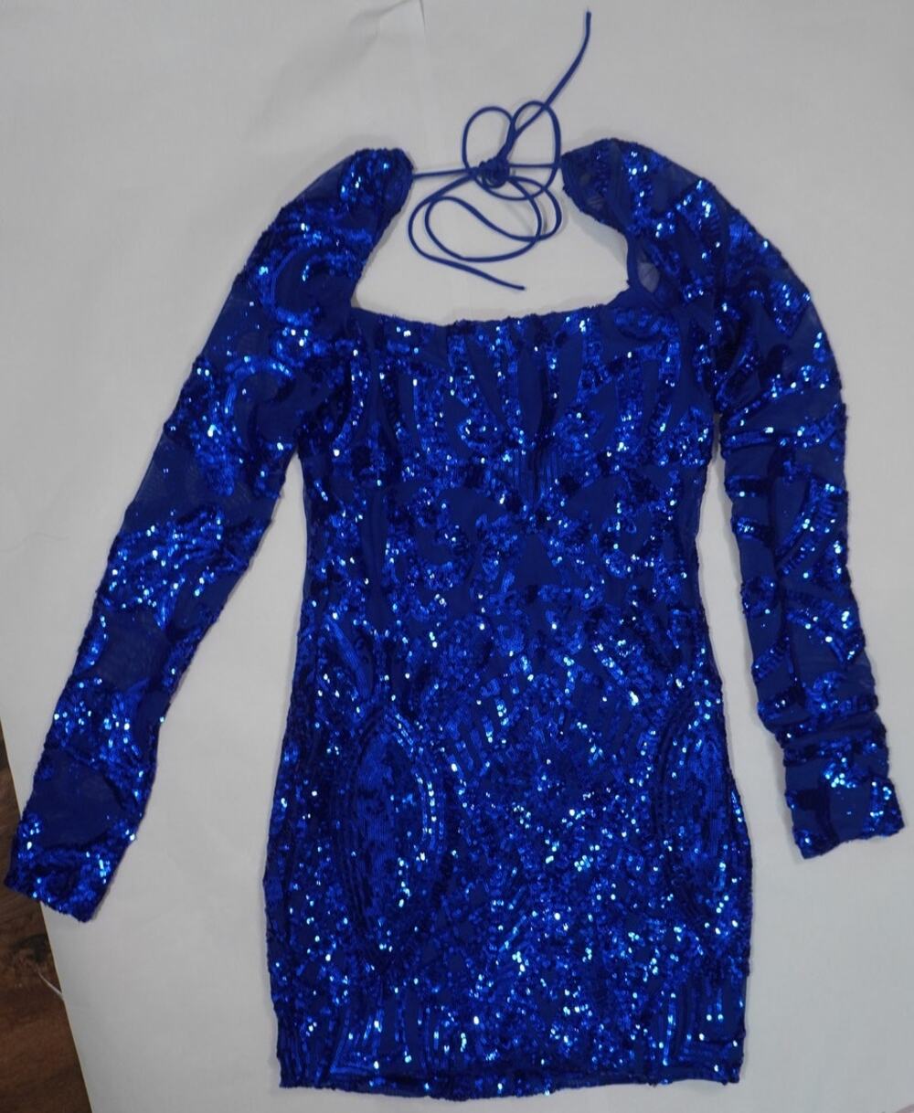 Lucy in the Sky Royal Blue Sequin Long Sleeve Open Back Mini Dress